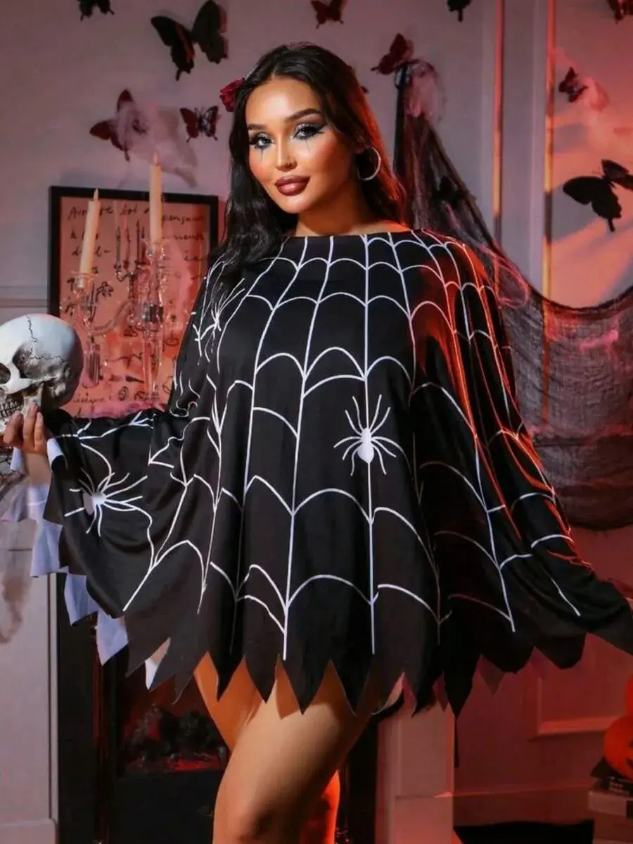 Halloween Party Spider Web Print Cape, Black Asymmetrical Jagged Hem