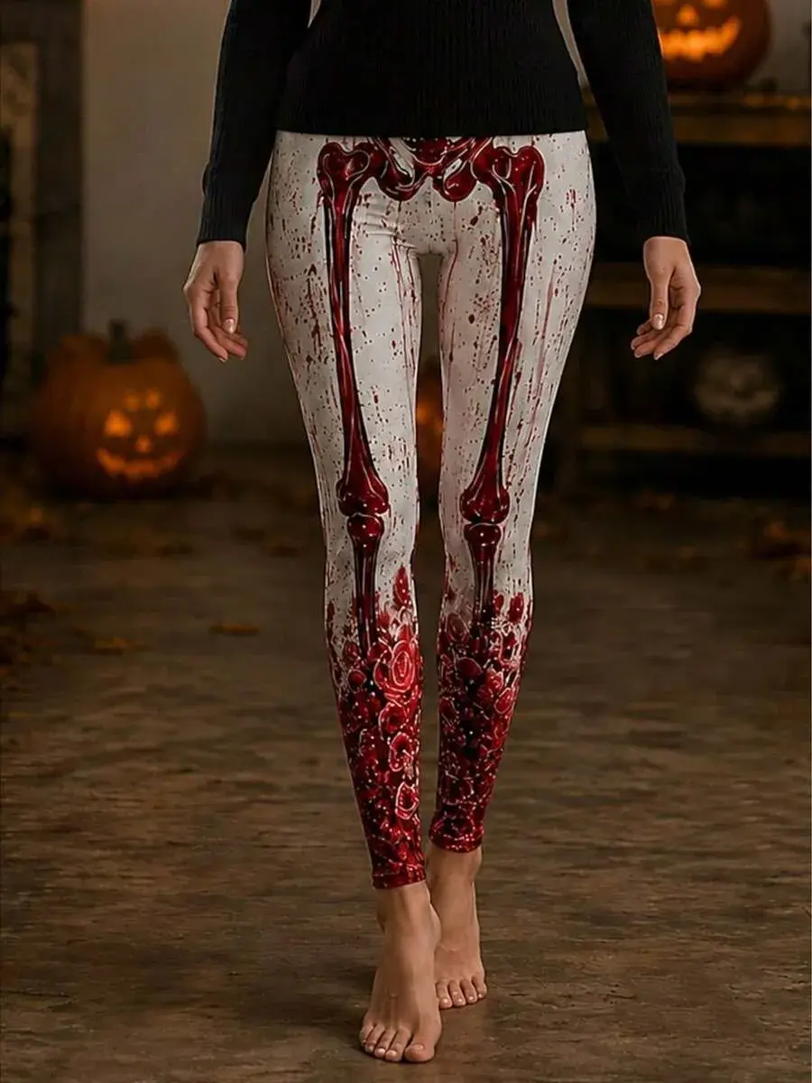 White Background Blood Splatter Bone Red Rose Print, Women Slim Fit Leggings For Halloween