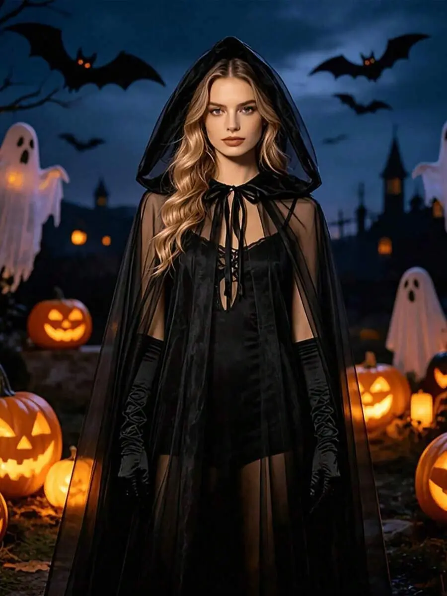 Halloween Hooded Mesh Witch And Grim Reaper Cloak, Gloves