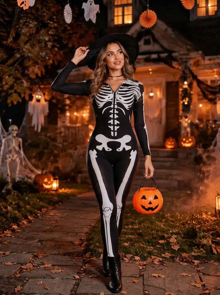 Women Halloween Skeleton Costume Classic Black Bone Print Bodysuit Zipper