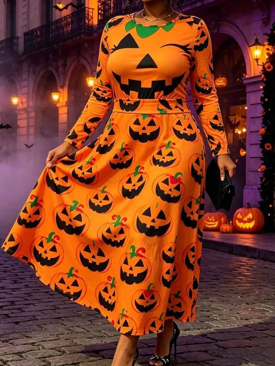 Pattern Is Pumpkin Face Print,Stylish Women's Round Neck Long Sleeve Dress