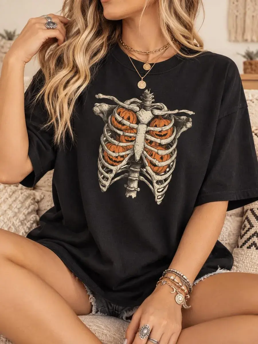 Women Halloween Skeleton Pumpkin Graphic T Shirt, Ribcage Skull Print Crew Neck